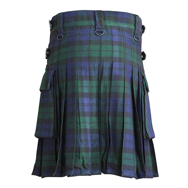 Black Watch Tartan Contemporary Utility Kilt Heavy Weight 16oz With Leather Strap