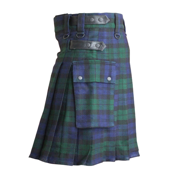 Black Watch Tartan Contemporary Utility Kilt Heavy Weight 16oz With Leather Strap