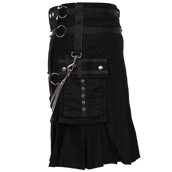 Black Deluxe Utility Fashion Kilt With Chain