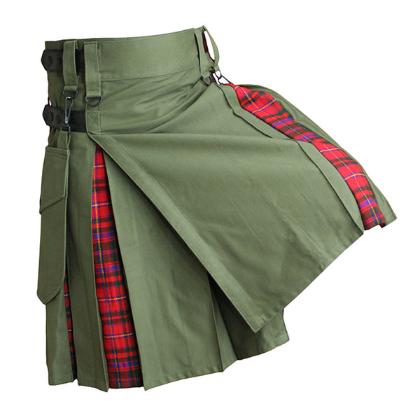 Hybrid Kilt Olive Green With Tartan
