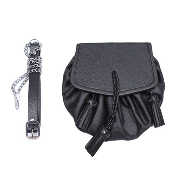 Black Grained Leather Sporran With Chain Belt With 3 Tassels