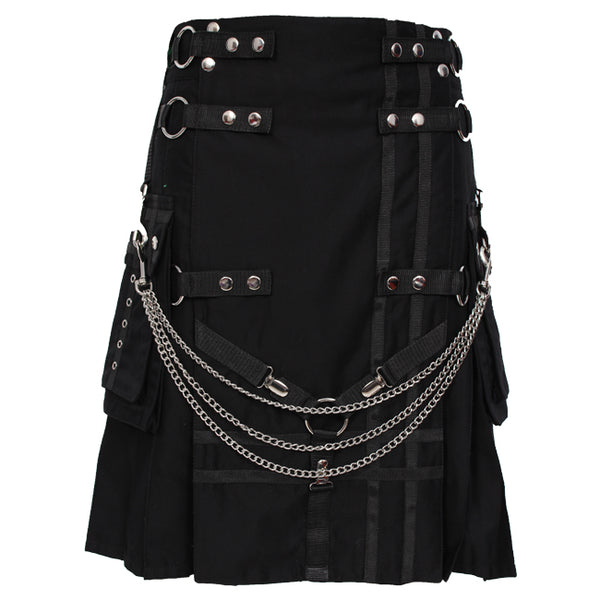 Black Deluxe Utility Fashion Kilt With Chain