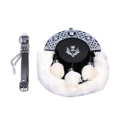 Rabbit Skin Sporran White And Black With 3 Tassels And Thistle Badge