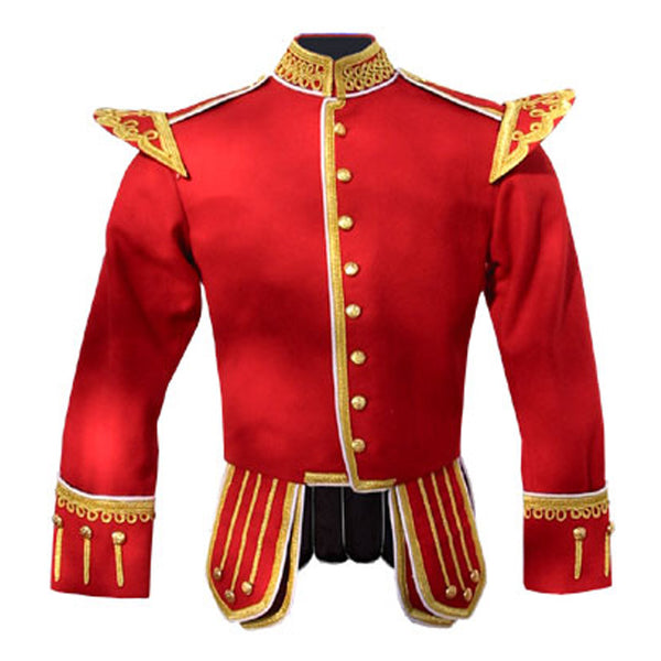 Red Pipe Band Doublet With Scrolling Gold Braid Trim