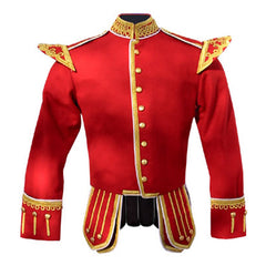 Red Fancy Pipe Band Doublet With Gold Braid White Piping Trim