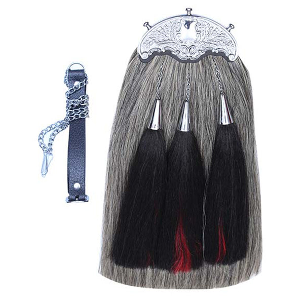 Gray Horse Hair Sporran Two Black & Red Tassels With Chain Belt