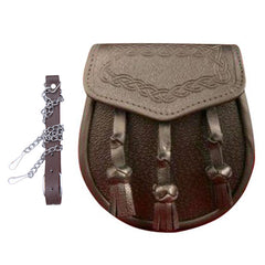 Leather Sporran With 3 Tassels Celtic Embossed Design
