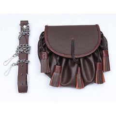Brown Grained Leather Sporran With Chain Belt With 5 Tassels