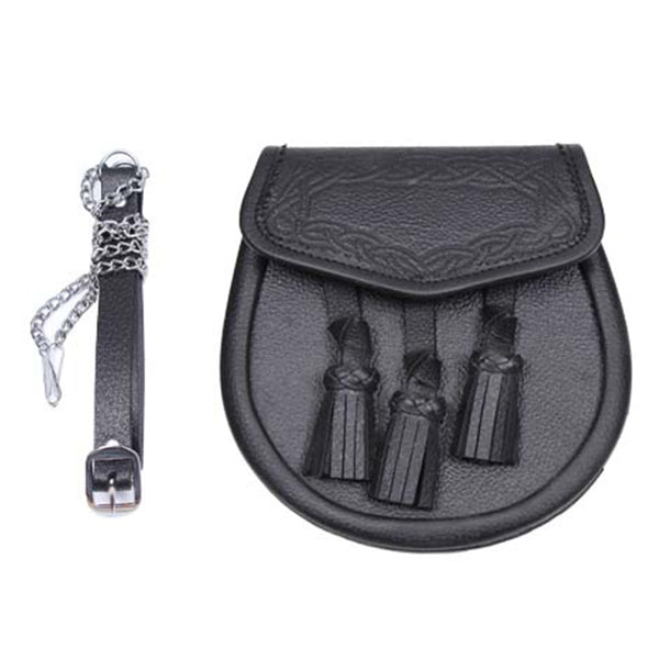 Black Grained Leather Sporran Three Tassels With Chain Belt