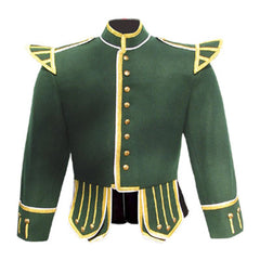 Green Pipe Band Doublet With Gold Braid White Piping Trim