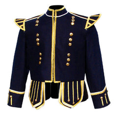 Navy Blue Fancy Pipe Band Doublet With Gold Braid Trim Zip Closure