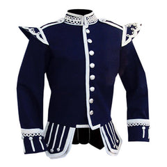 Navy Blue Fancy Pipe Band Doublet With Silver Braid Trim